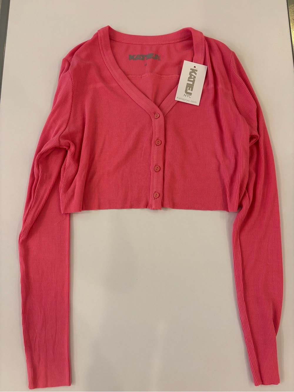 Katie J NYC Cropped Rib-Knit Cardigan in Hot Pink